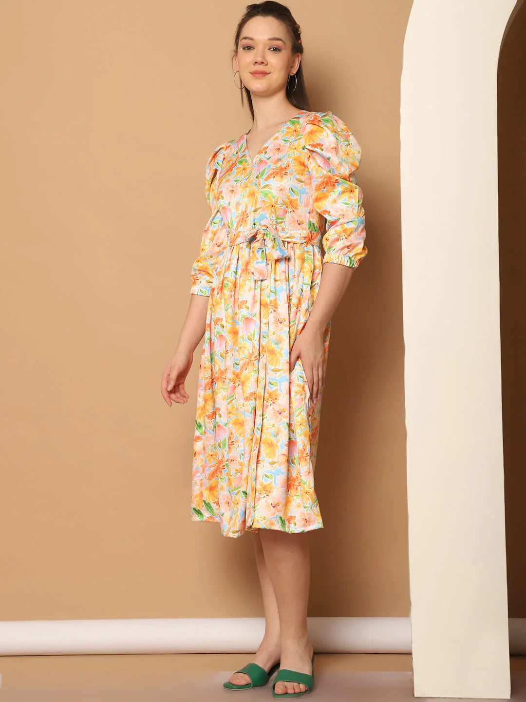 Yellow Floral Puff Sleeve Midi Dress - Women's Western Clothing