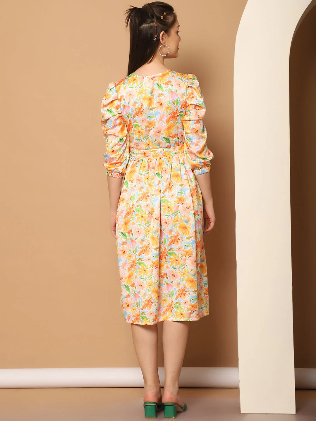 Yellow Floral Puff Sleeve Midi Dress - Women's Western Clothing