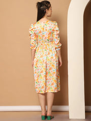Floral Printed Puff Sleeves Midi Dress-JND-1033Yellow