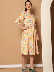 Floral Printed Puff Sleeves Midi Dress-JND-1033Yellow