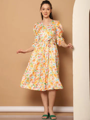 Floral Printed Puff Sleeves Midi Dress-JND-1033Yellow