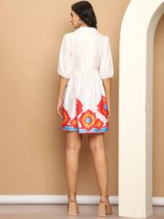 Printed Flared Dress For Women-JND-1034White