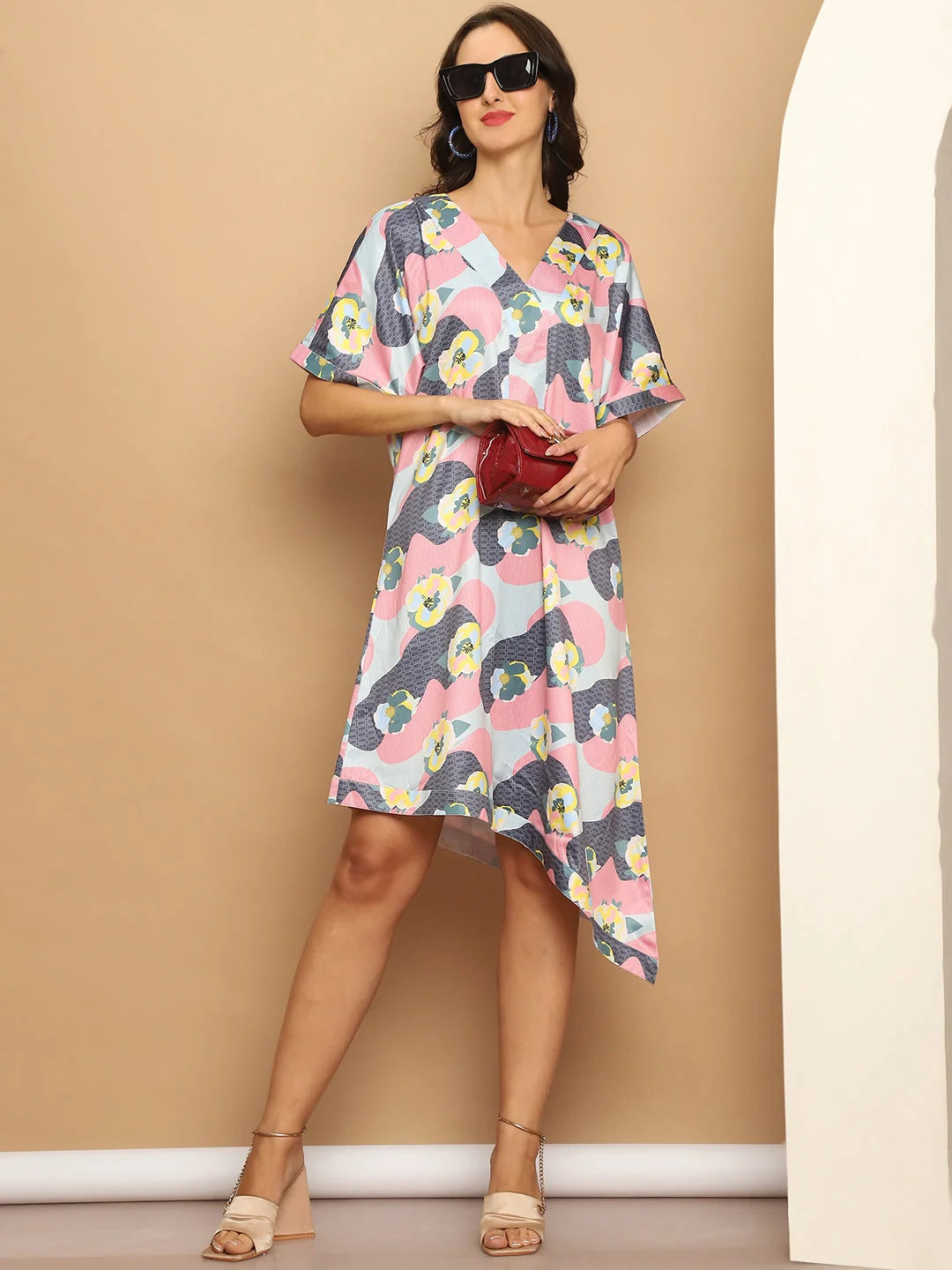 Floral Printed Asymmetric Dress For Women-JND-1035Coral