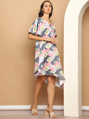 Floral Printed Asymmetric Dress For Women-JND-1035Coral