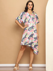 Floral Printed Asymmetric Dress For Women-JND-1035Coral