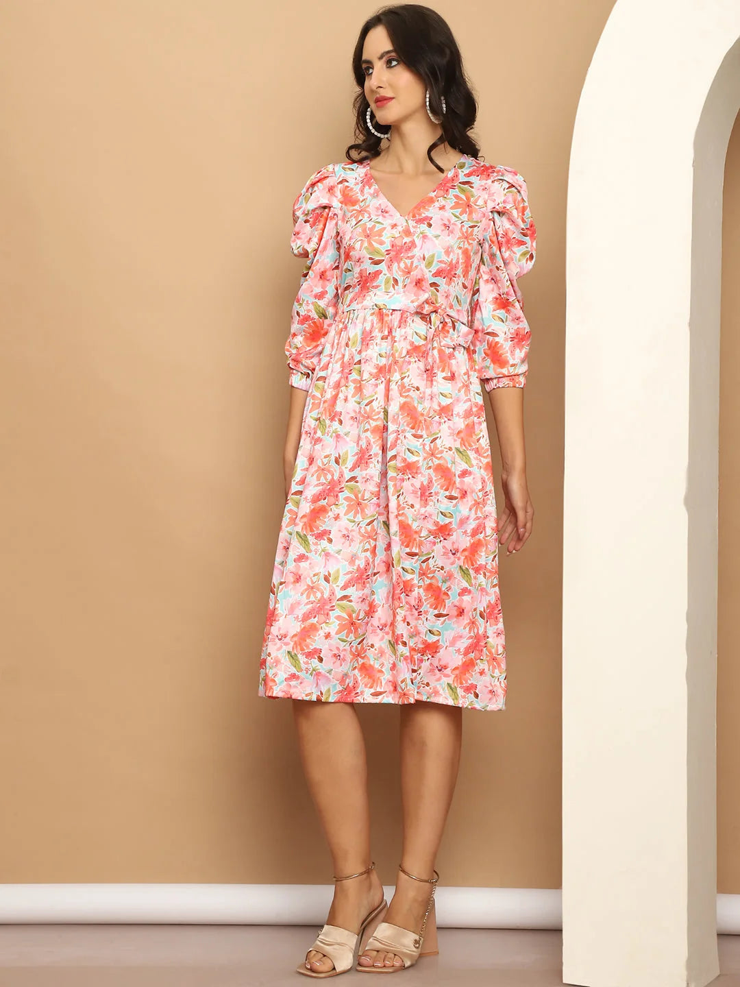 Orange Floral A-Line Dress - Women's Western Outfits Online