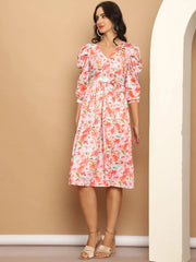 Women's Floral Printed A-line Dress With Belt-JND-1036Orange