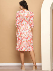 Women's Floral Printed A-line Dress With Belt-JND-1036Orange