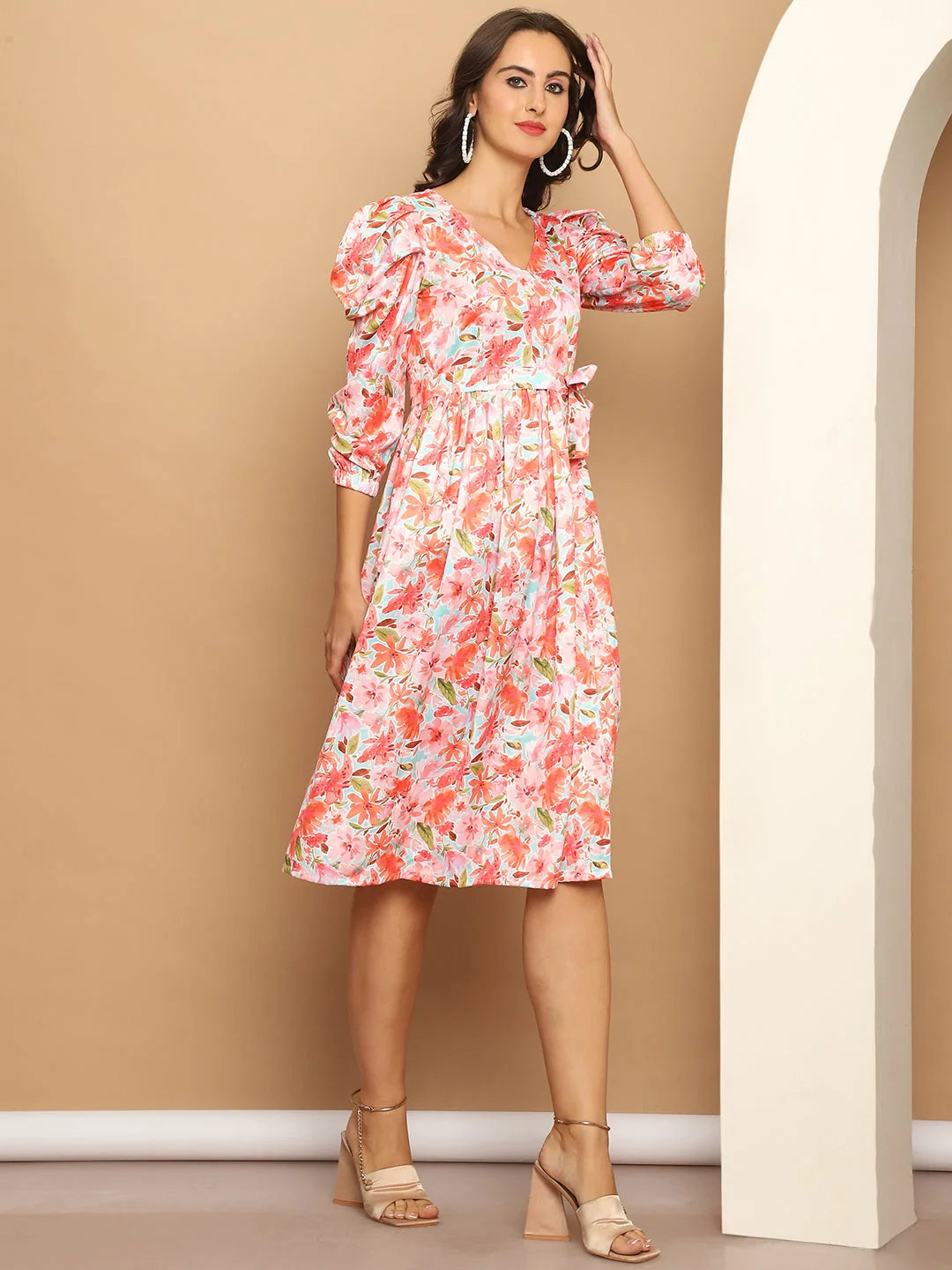 Orange Floral A-Line Dress - Women's Western Outfits Online