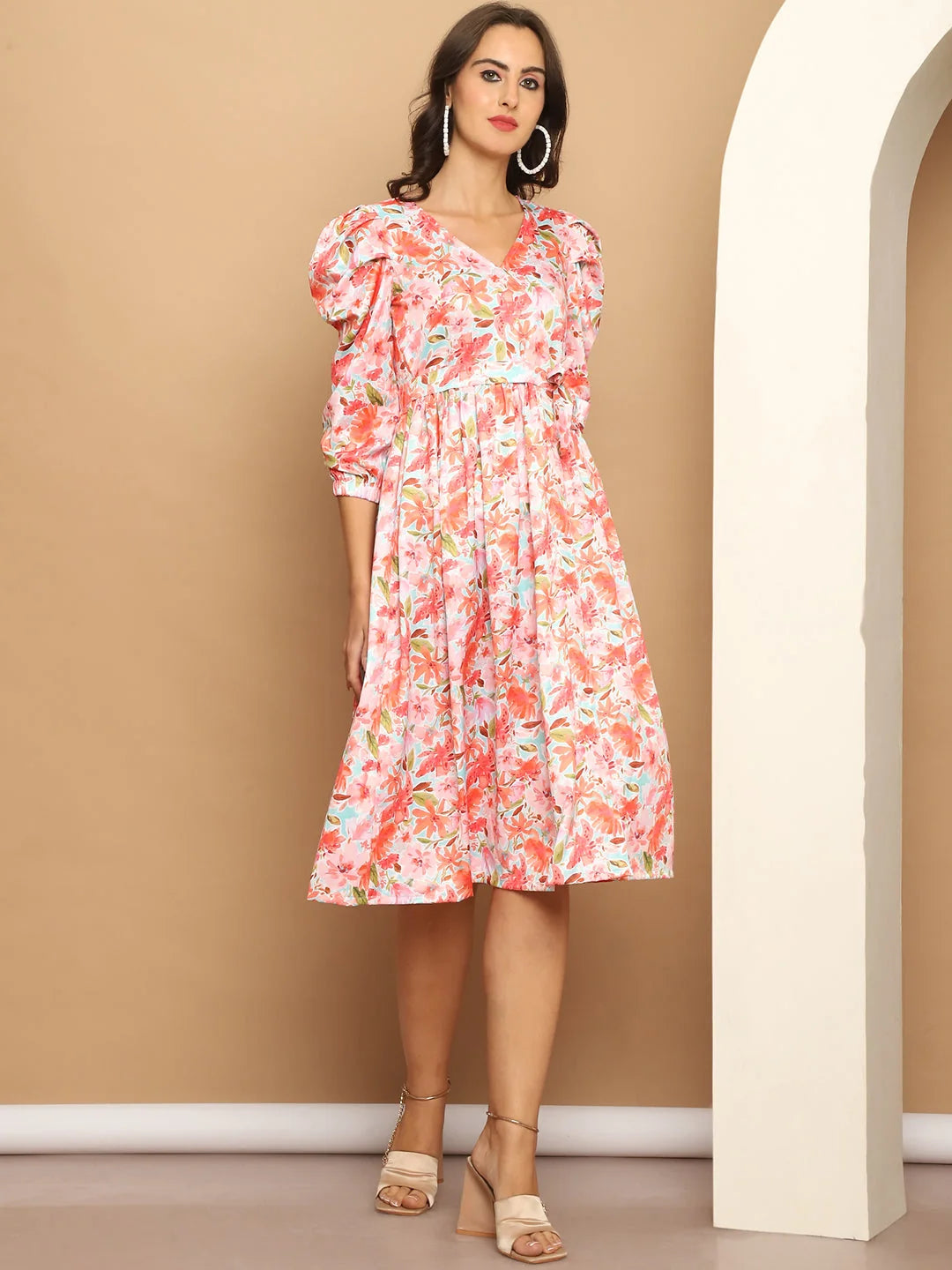 Orange Floral A-Line Dress - Women's Western Outfits Online