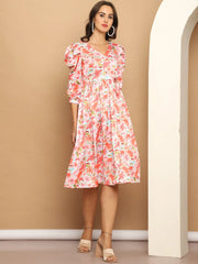 Women's Floral Printed A-line Dress With Belt-JND-1036Orange