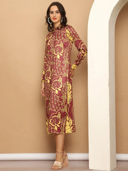 Floral Printed A-line Dress for Women-JND-1037Brown