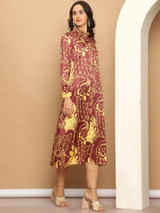 Floral Printed A-line Dress for Women-JND-1037Brown