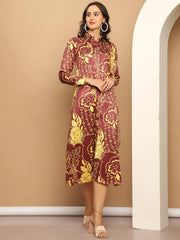Floral Printed A-line Dress for Women-JND-1037Brown
