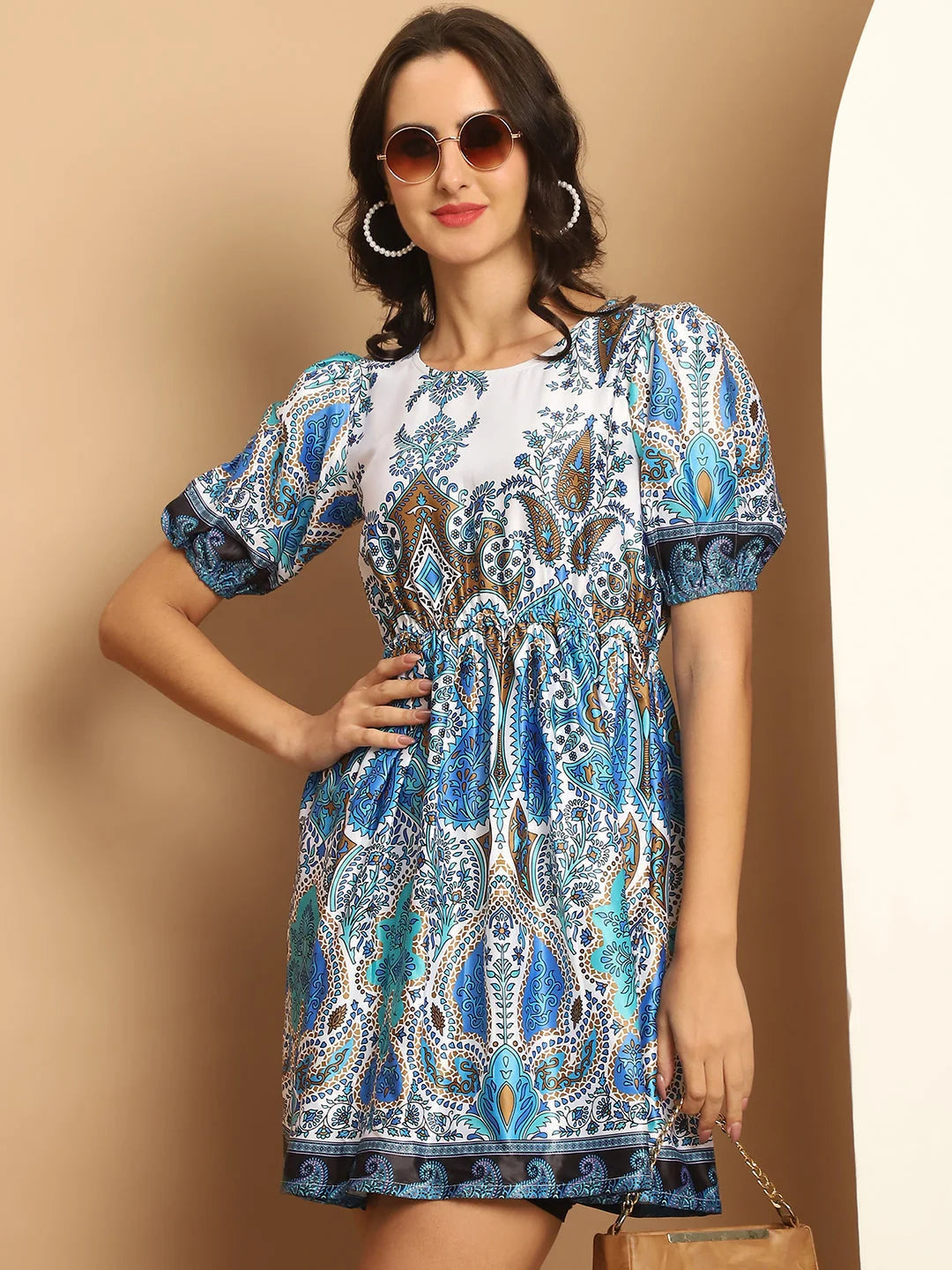 Printed Flared Dress For Women-JND-1038Blue