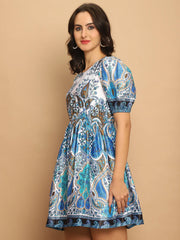 Printed Flared Dress For Women-JND-1038Blue