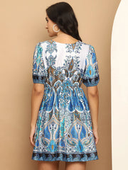 Printed Flared Dress For Women-JND-1038Blue