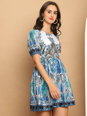 Printed Flared Dress For Women-JND-1038Blue