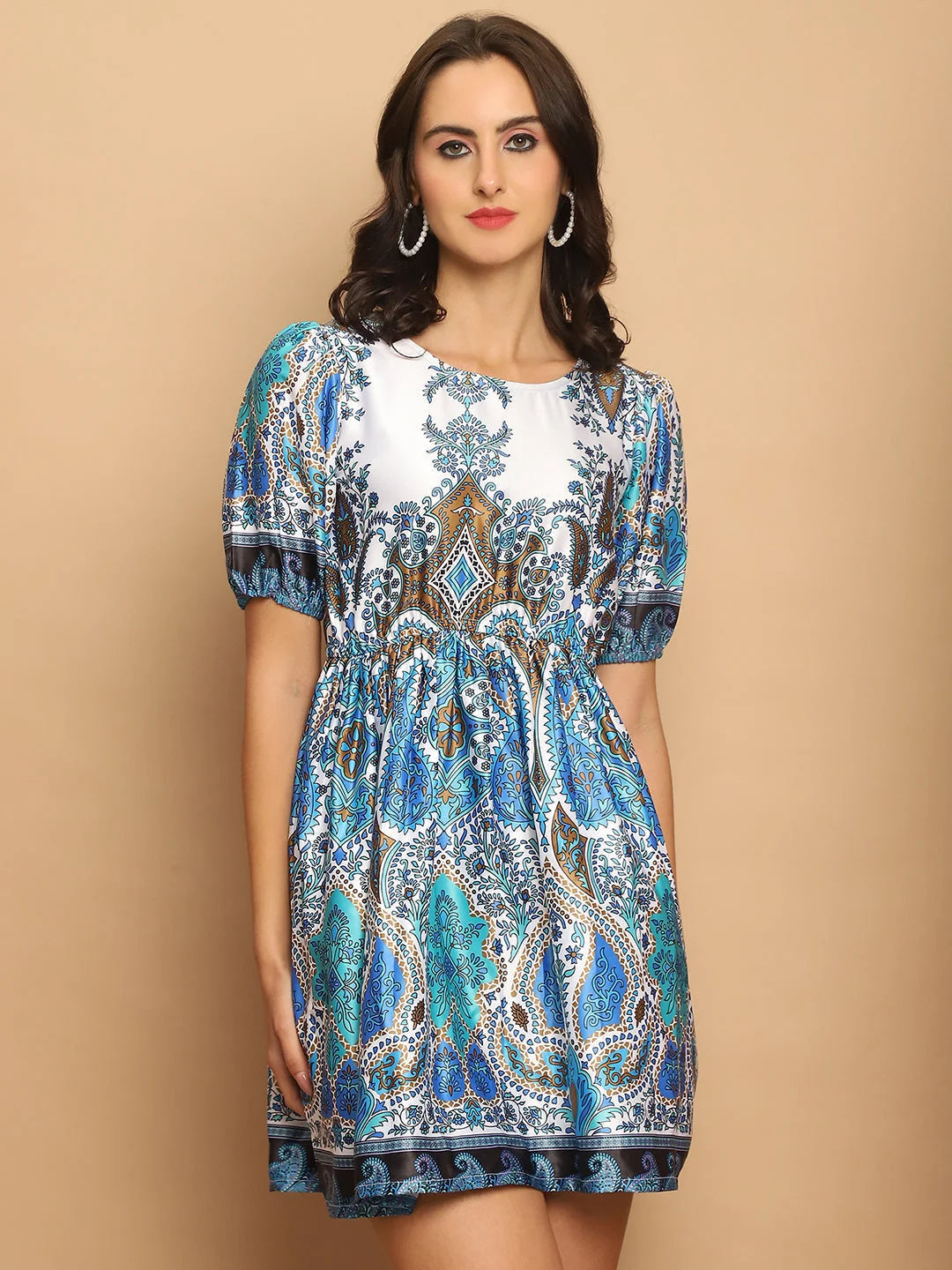 Blue Printed Flared Dress - Women's Western Clothing Online