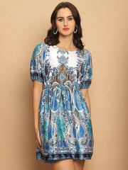Printed Flared Dress For Women-JND-1038Blue