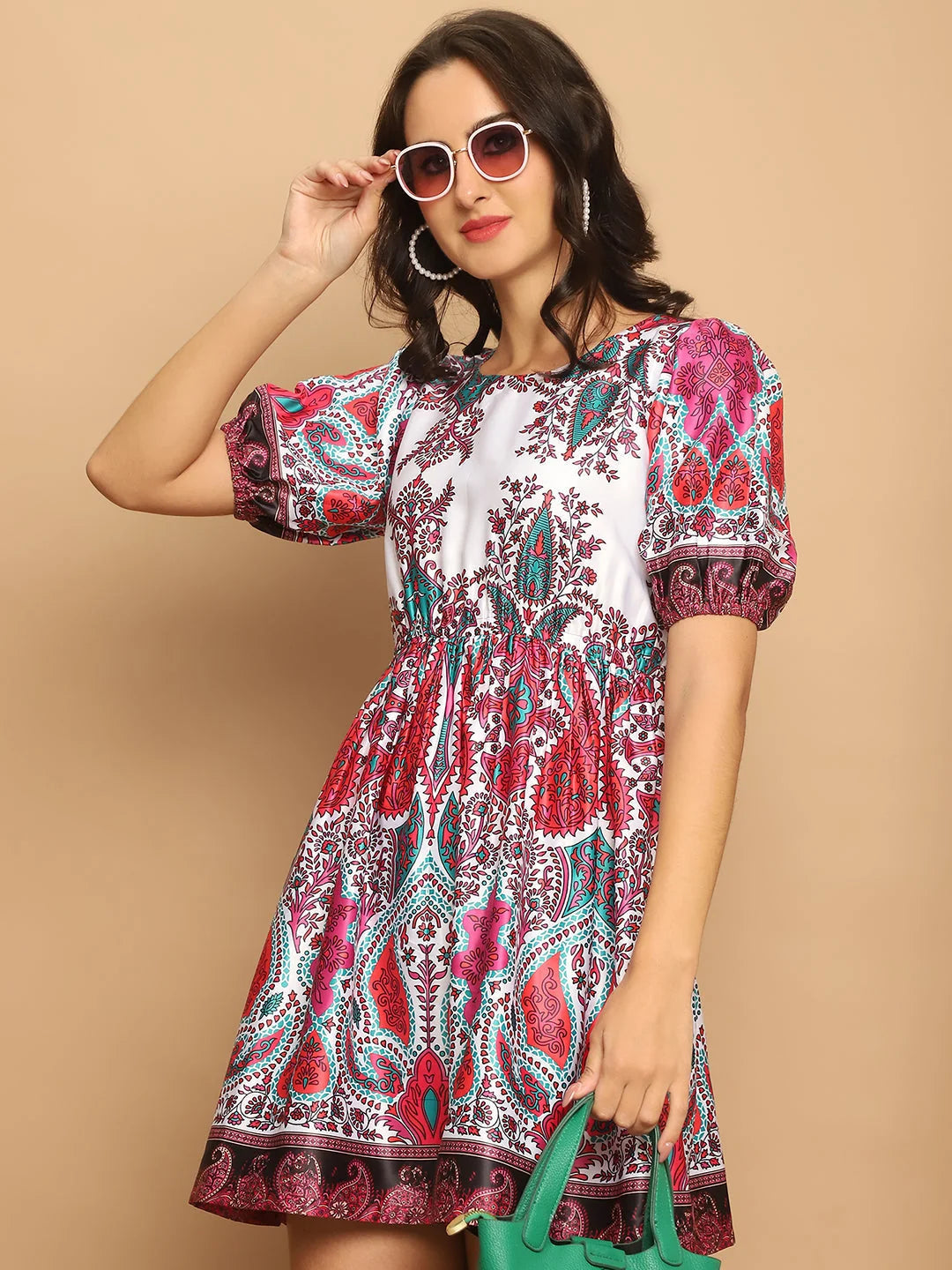 Trendy Pink Printed Flared Dress - Women's Western Wear Outfits