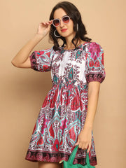 Printed Flared Dress For Women-JND-1038Pink