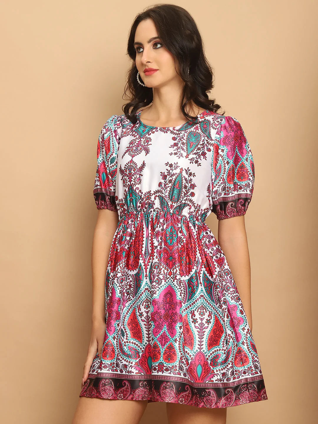 Trendy Pink Printed Flared Dress - Women's Western Wear Outfits