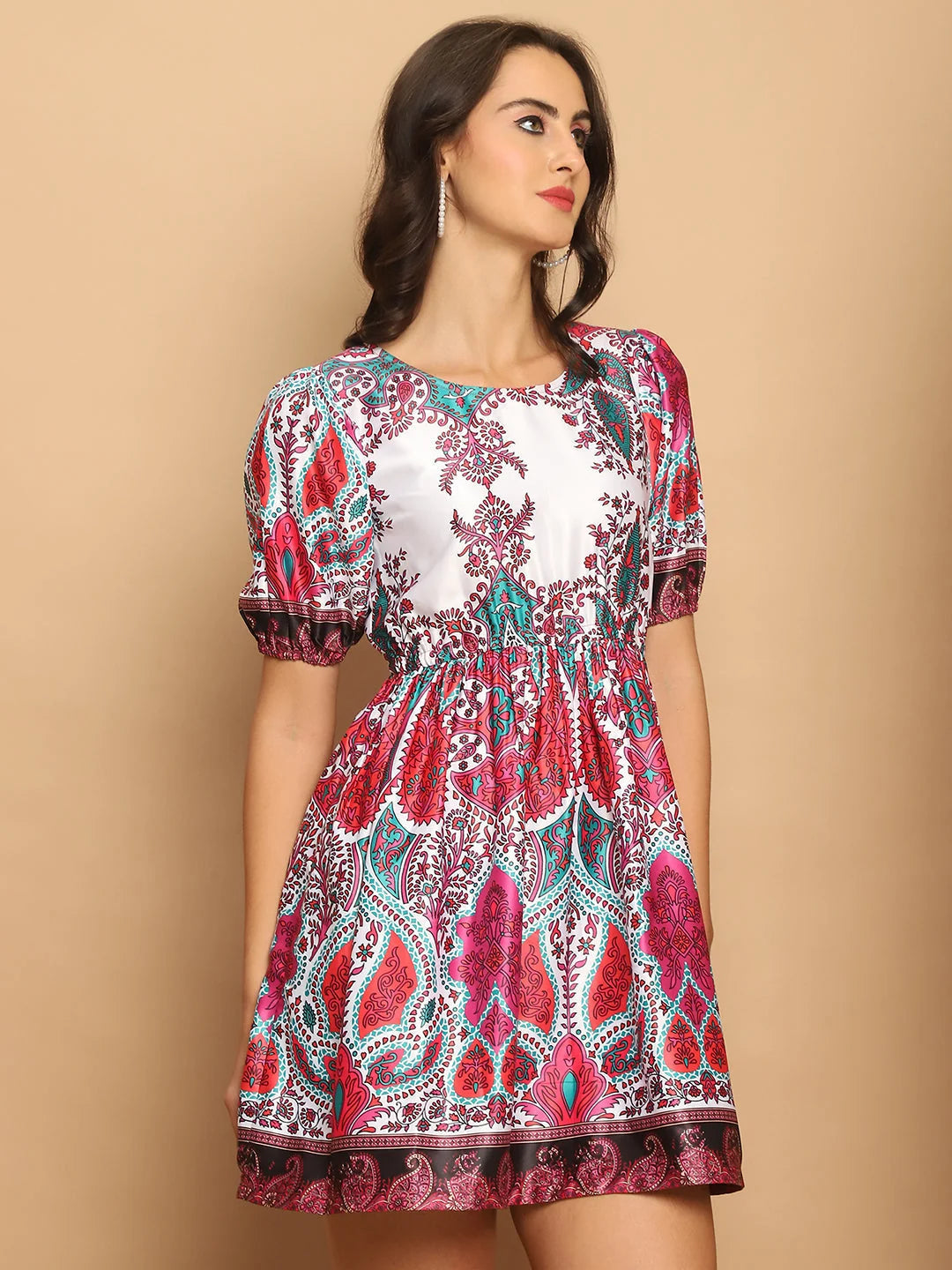 Trendy Pink Printed Flared Dress - Women's Western Wear Outfits