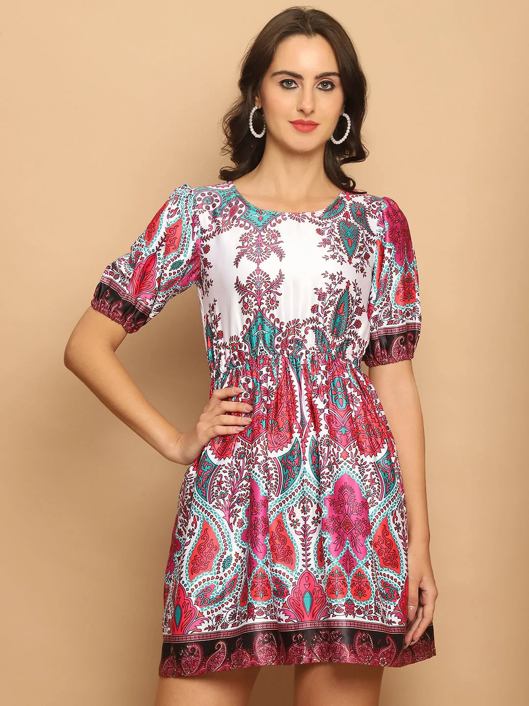 Trendy Pink Printed Flared Dress - Women's Western Wear Outfits