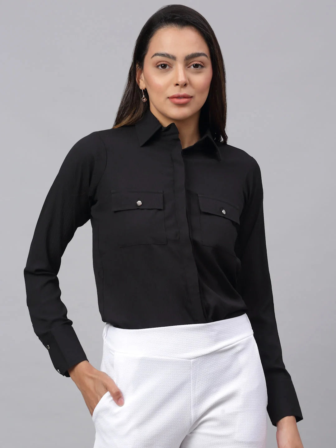 Black Cotton Women's Shirt - Solid Women's Blouses & Tops
