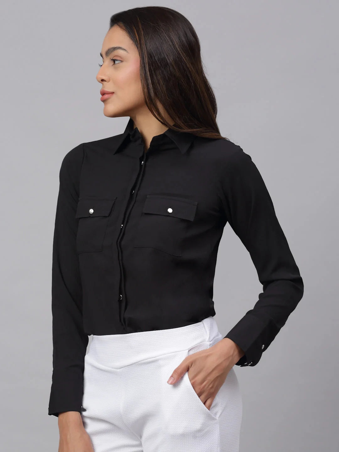 Black Cotton Women's Shirt - Solid Women's Blouses & Tops