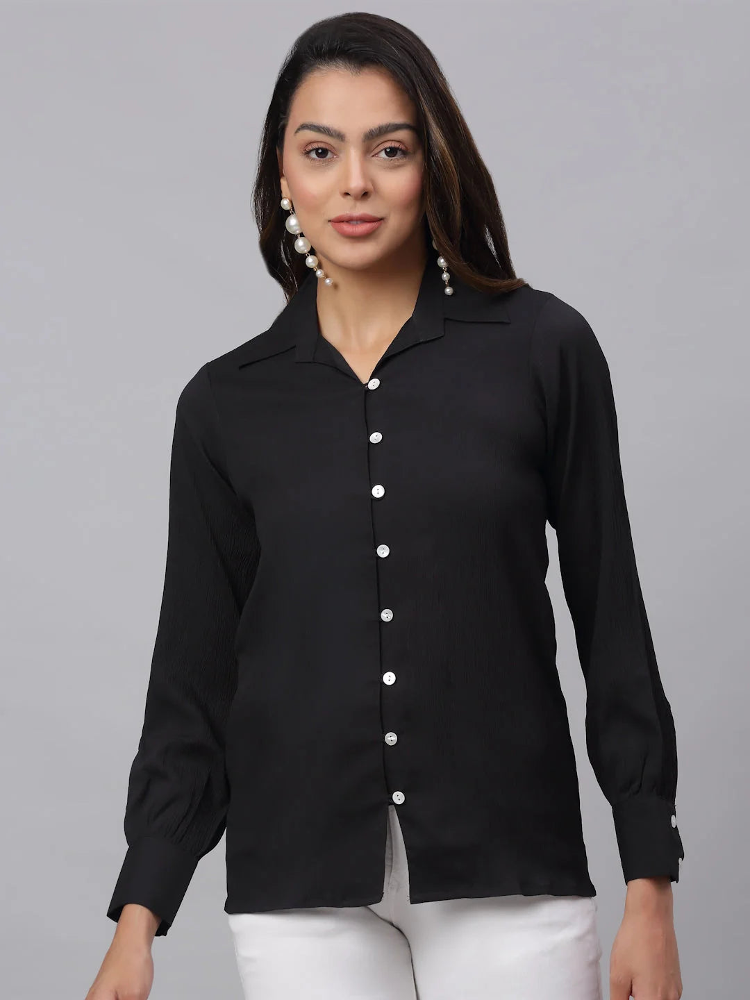 Black Solid Women's Shirt - Cotton Women's Blouses & Tops