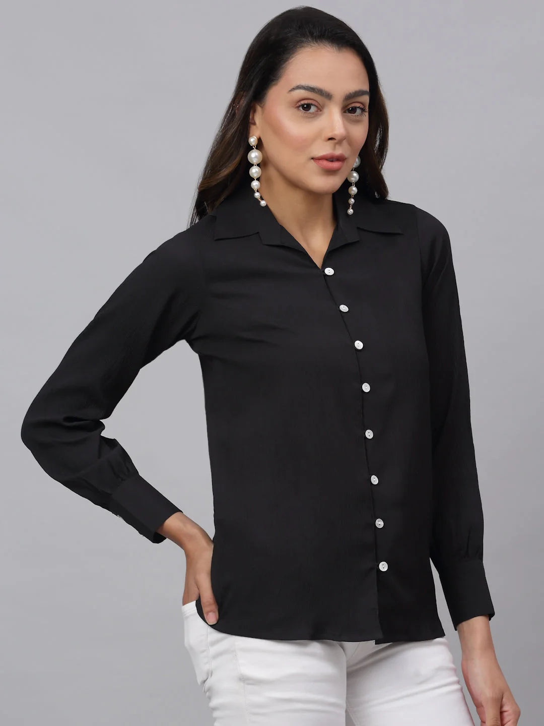 Black Solid Women's Shirt - Cotton Women's Blouses & Tops