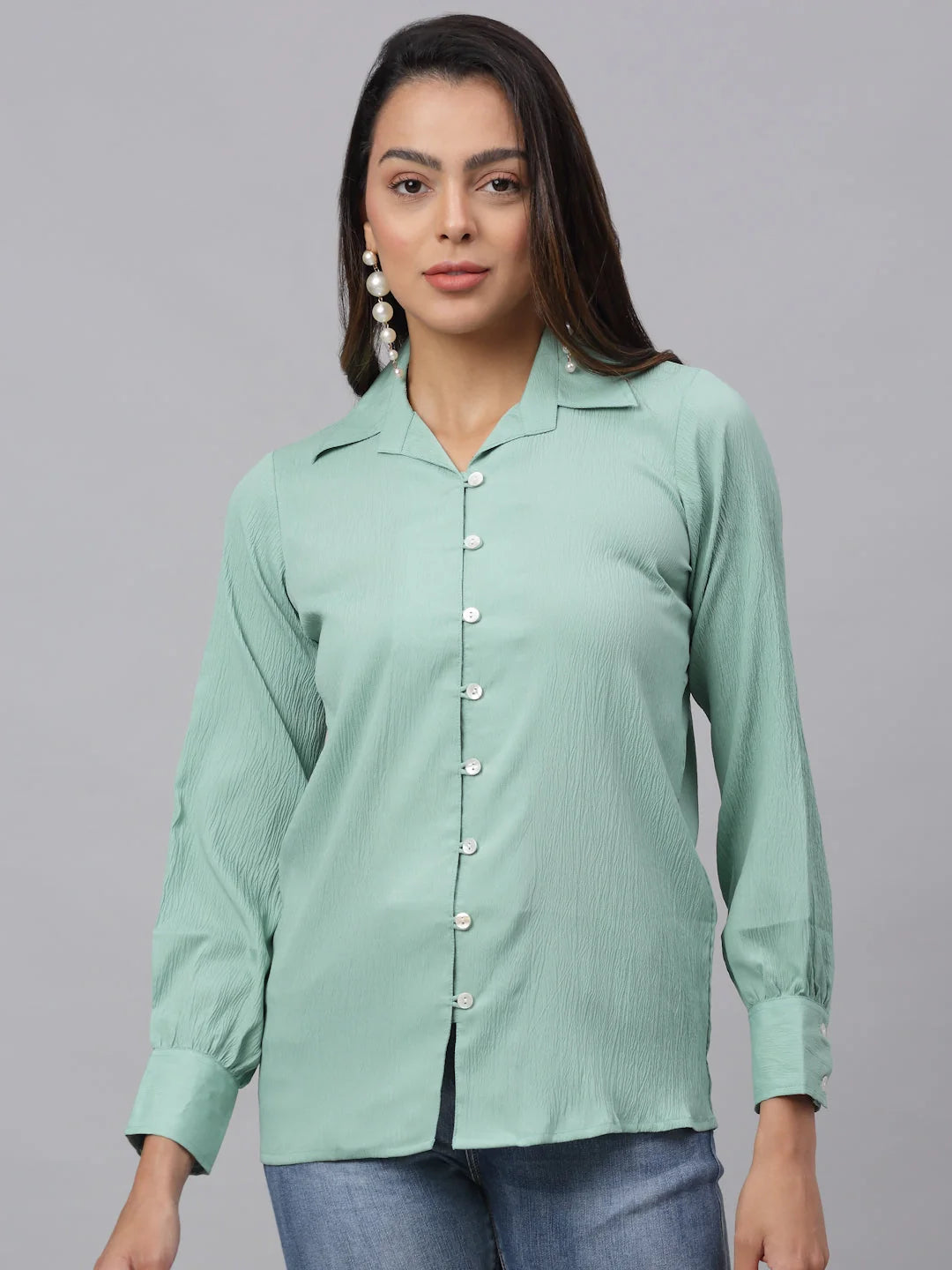 Green Solid Shirt: Elegant Women's Cotton Shirts & Tops