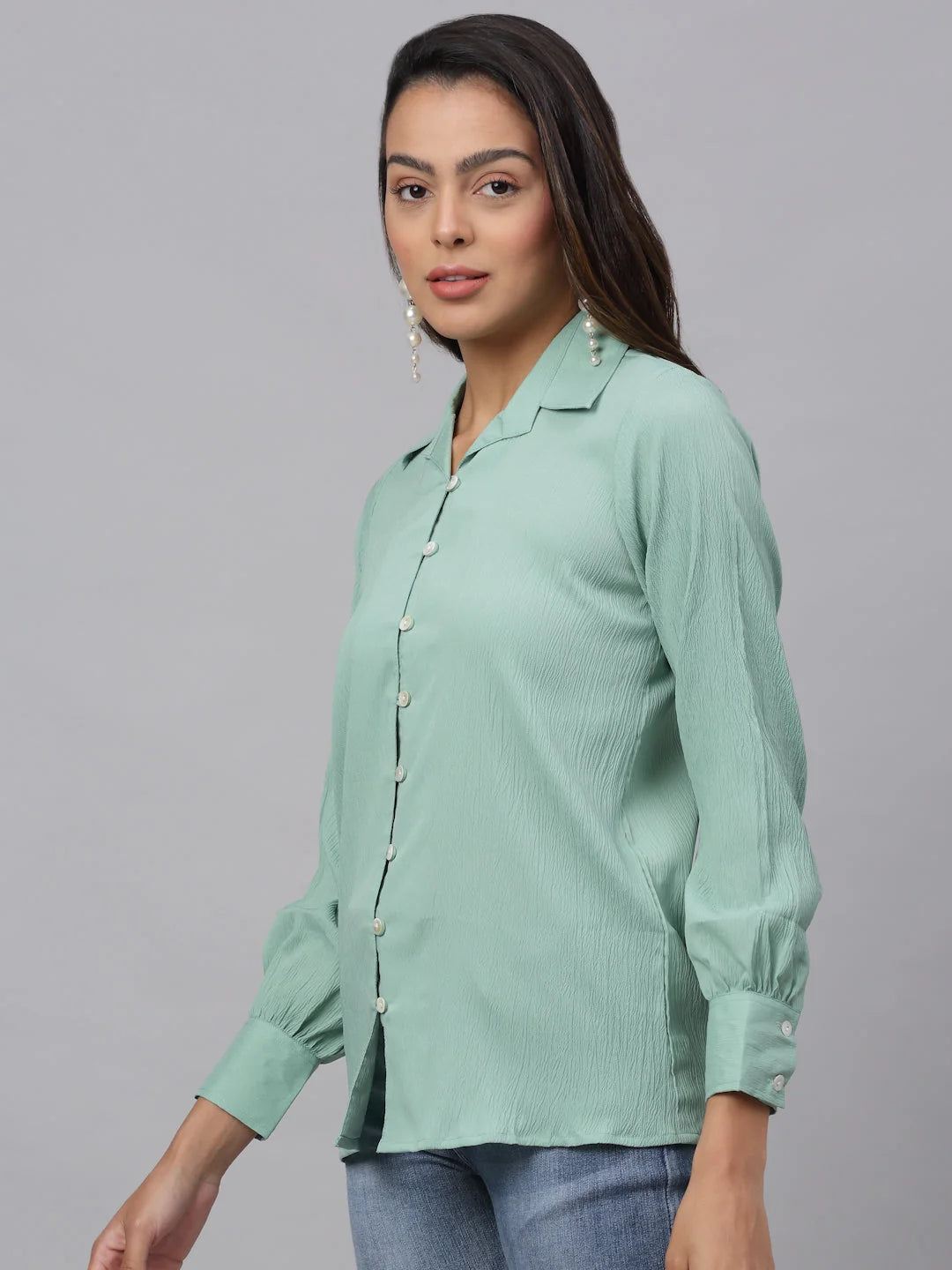 Green Solid Shirt: Elegant Women's Cotton Shirts & Tops