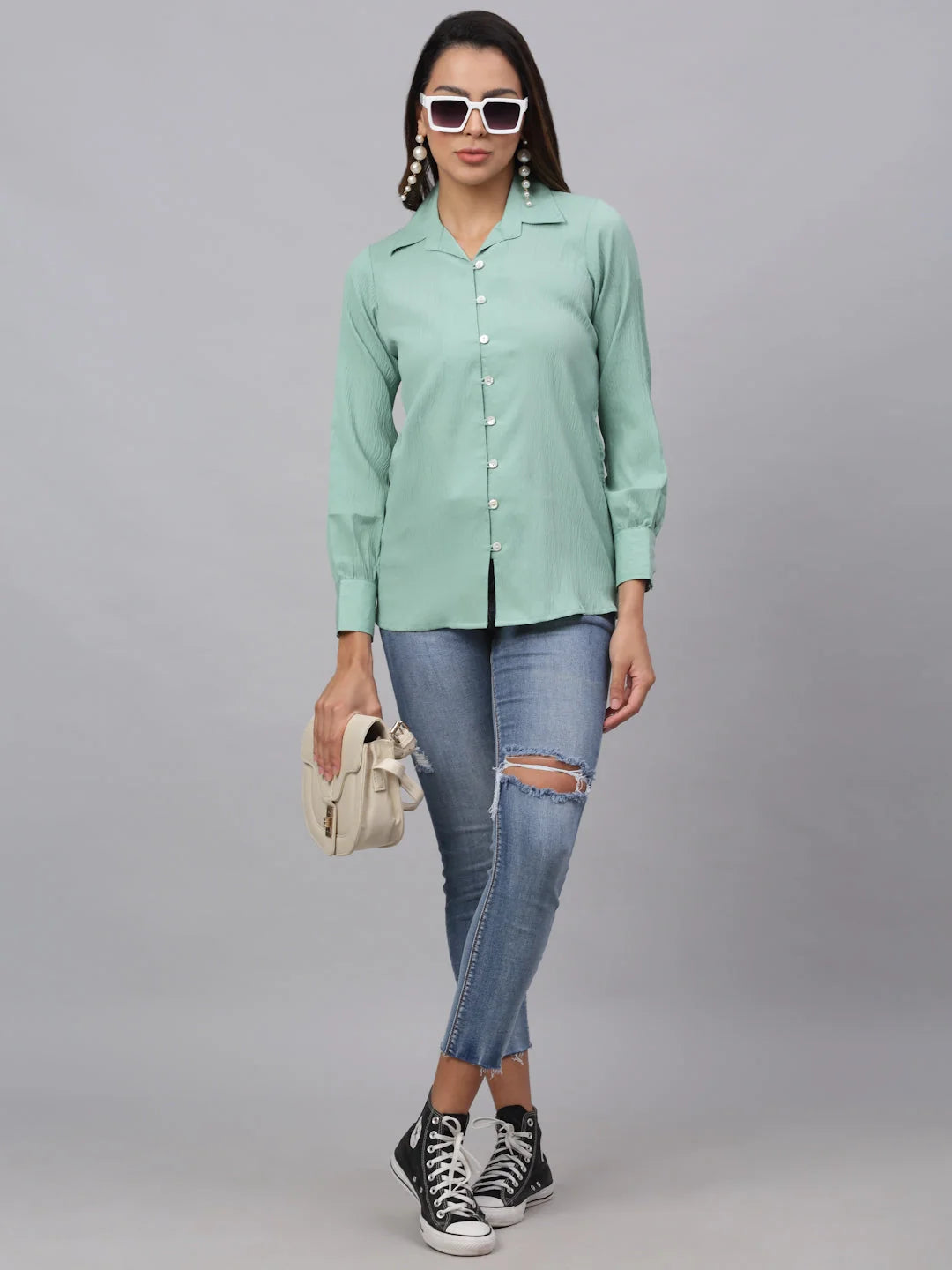 Green Solid Shirt: Elegant Women's Cotton Shirts & Tops