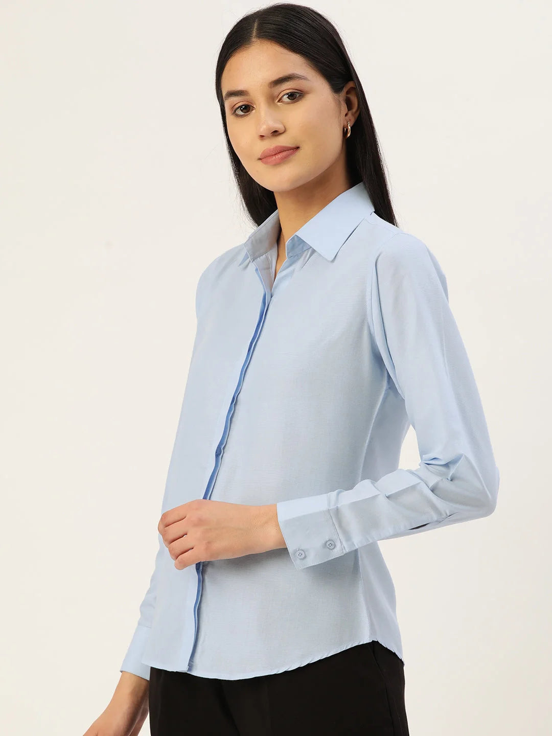 Blue Solid Shirt Style Top - Classic Women's Shirts Online