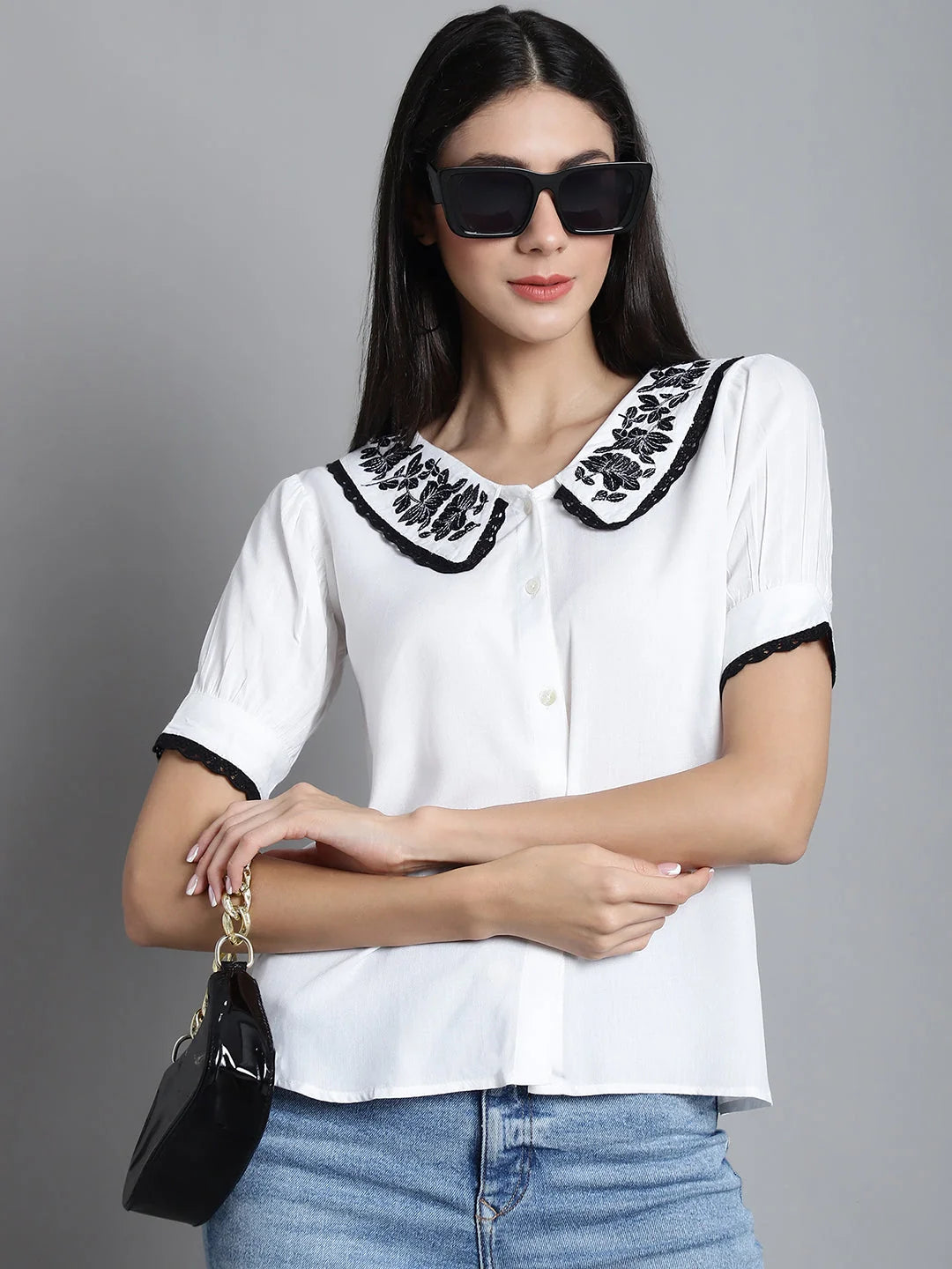 Peter Pan Collar Top: Embroidered Women's Shirts & Blouses