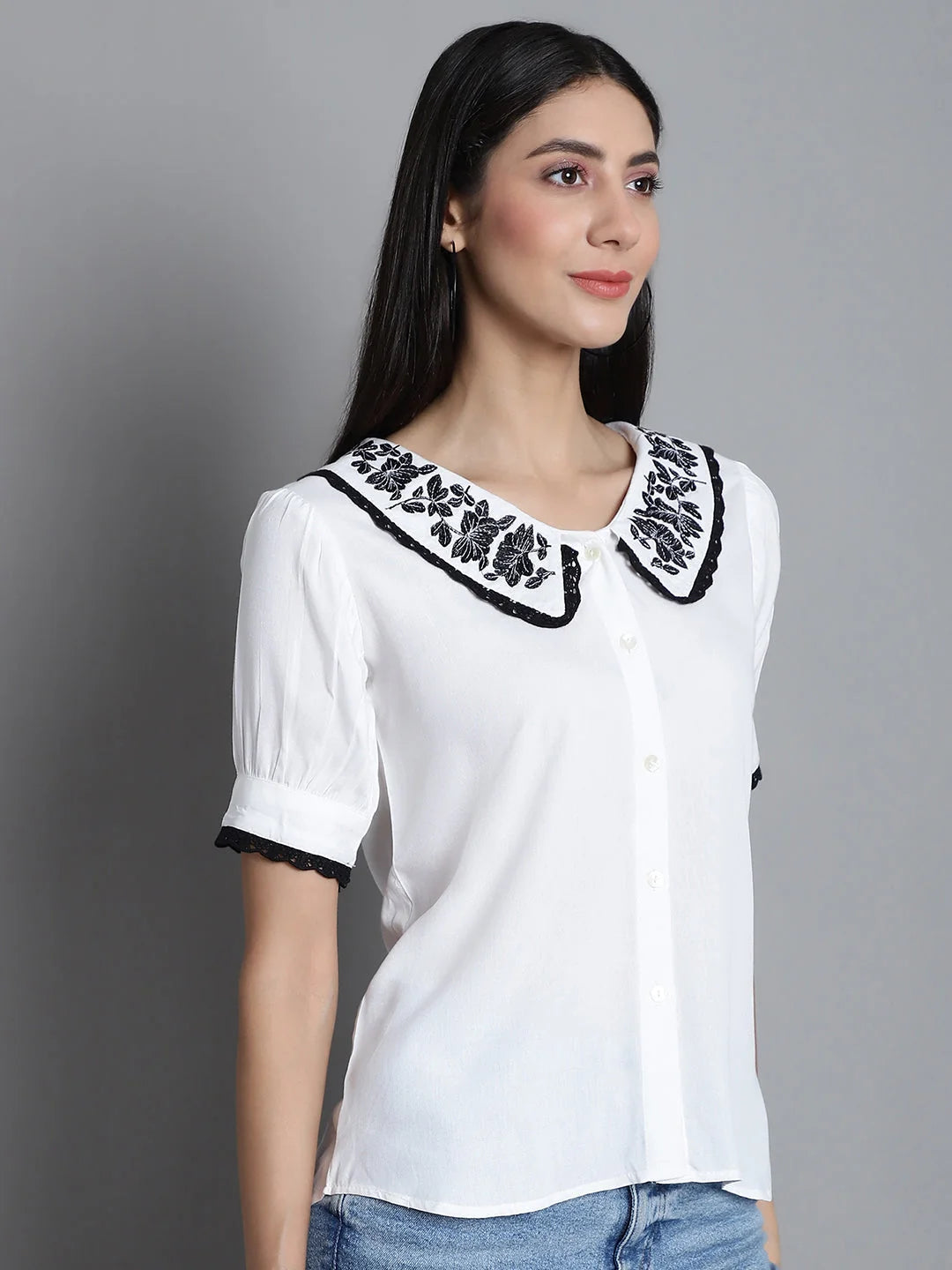 Peter Pan Collar Top: Embroidered Women's Shirts & Blouses
