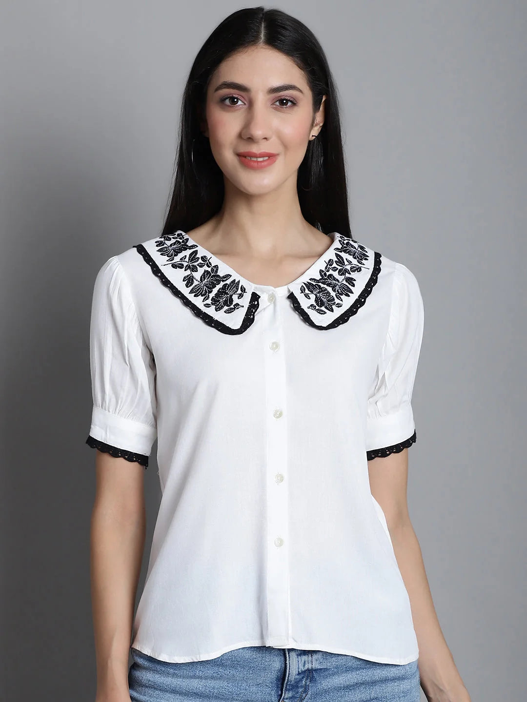 Peter Pan Collar Top: Embroidered Women's Shirts & Blouses