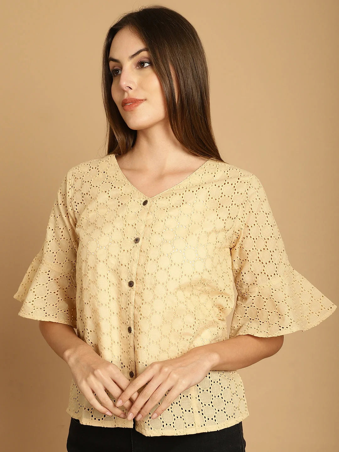 Beige Embroidered Cotton V-Neck Top | Women's Tunics Online