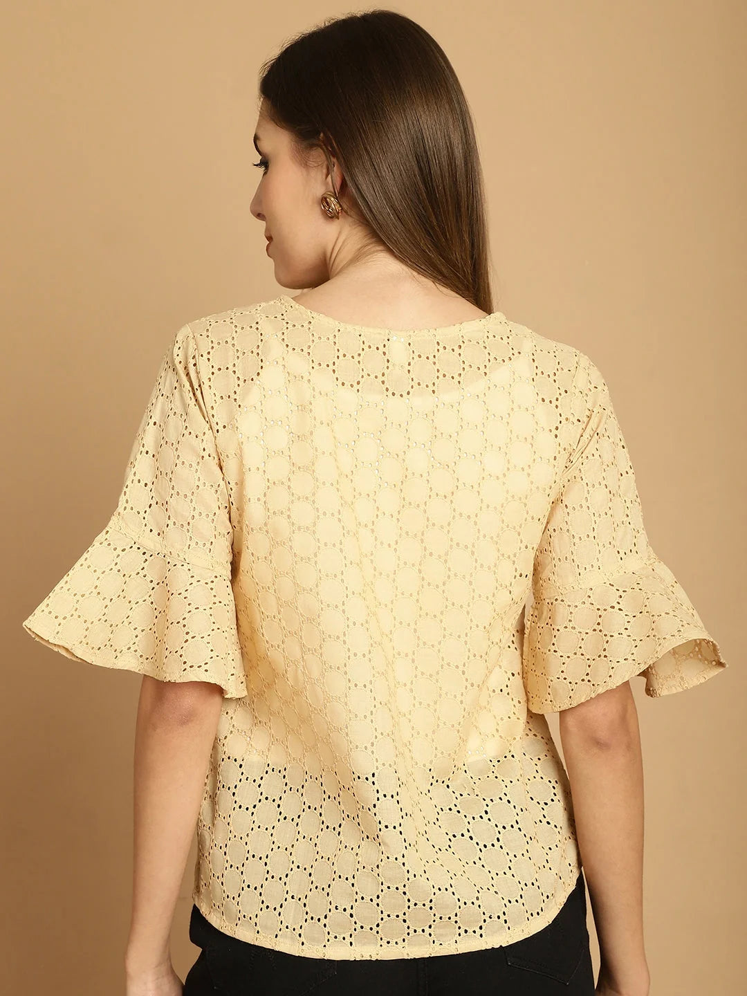 Beige Embroidered Cotton V-Neck Top | Women's Tunics Online