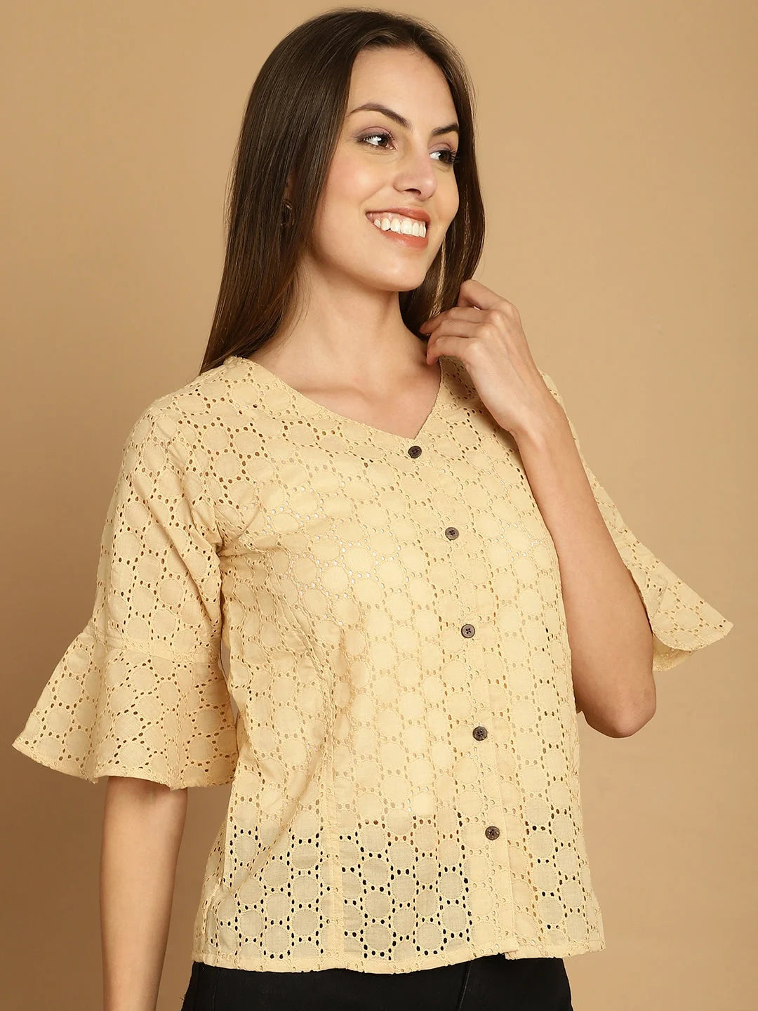 Beige Embroidered Cotton V-Neck Top | Women's Tunics Online