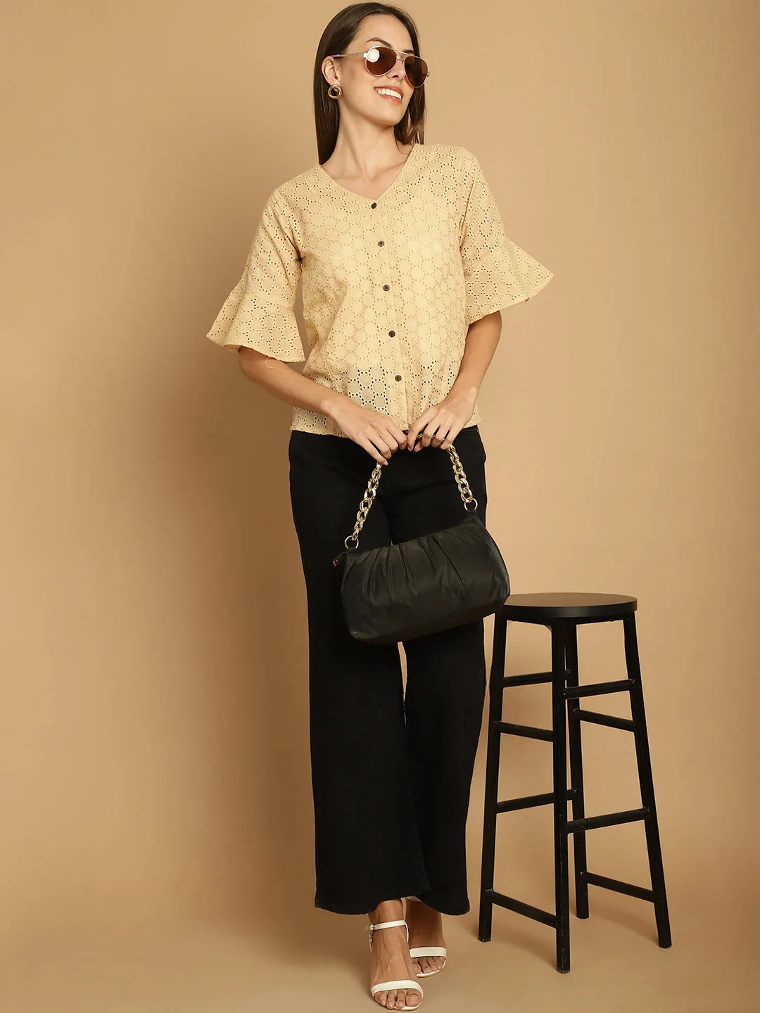 Beige Embroidered Cotton V-Neck Top | Women's Tunics Online