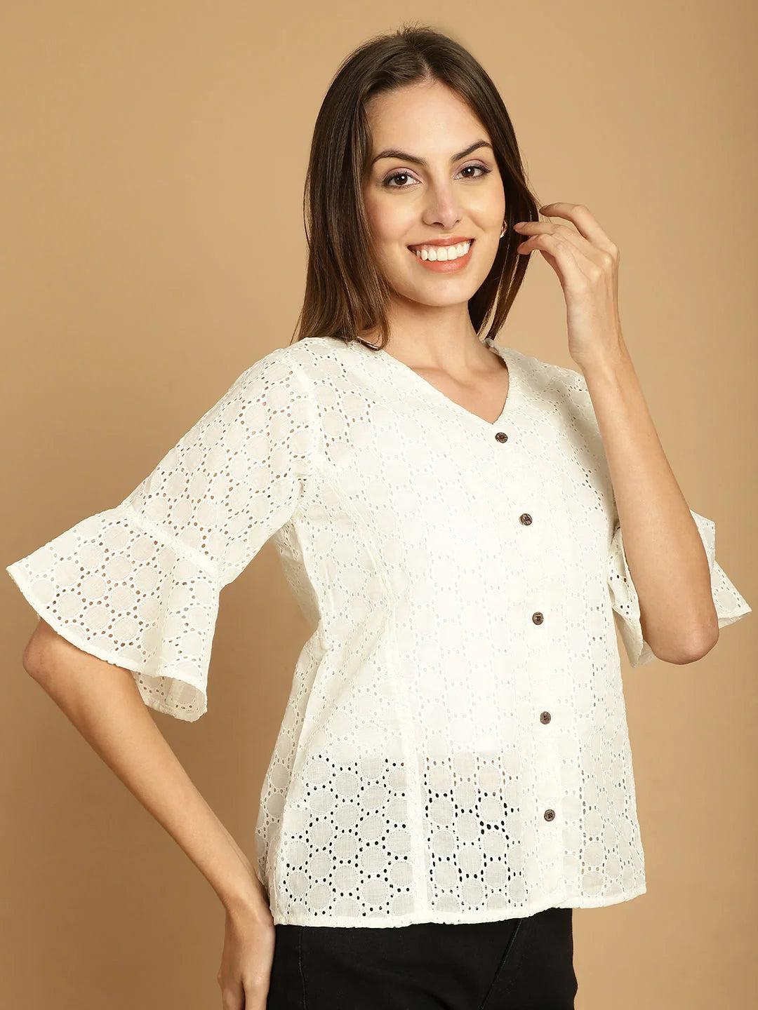Embroidered V-Neck Top: Cotton Women's Tops & Tunics