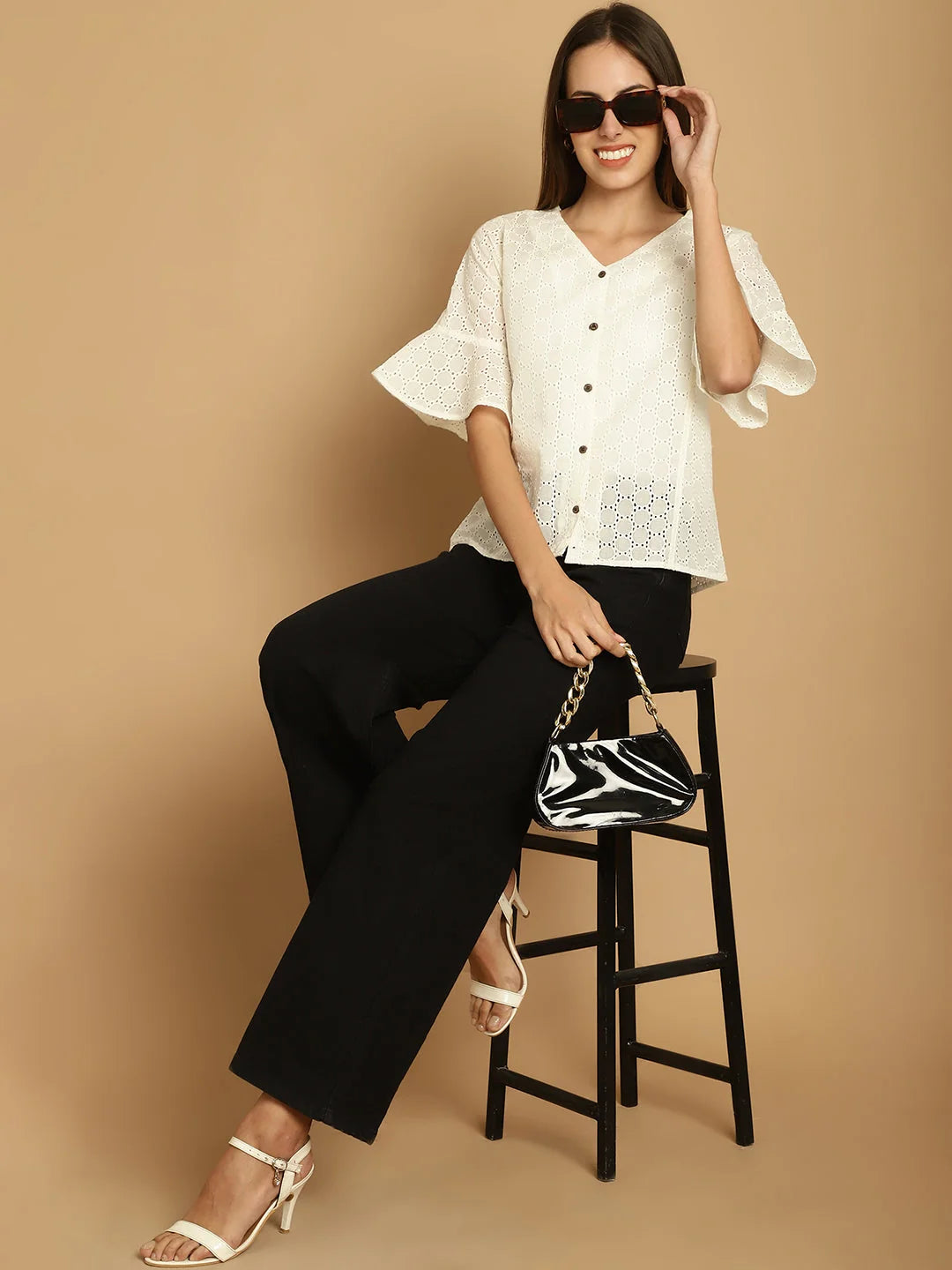Embroidered V-Neck Top: Cotton Women's Tops & Tunics