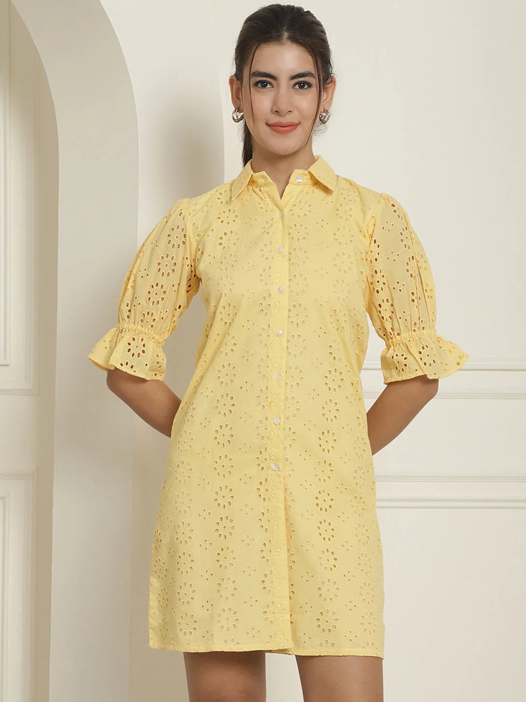 Yellow Embroidered Cotton Dress | Women's Western Clothing