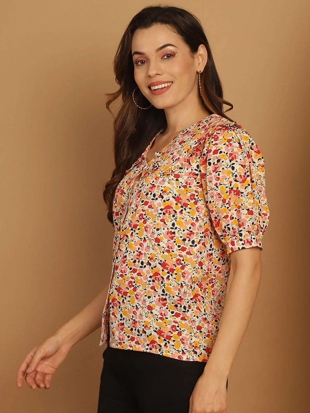 Orange Floral Print Women's Tops - Peter Pan Collar Shirt