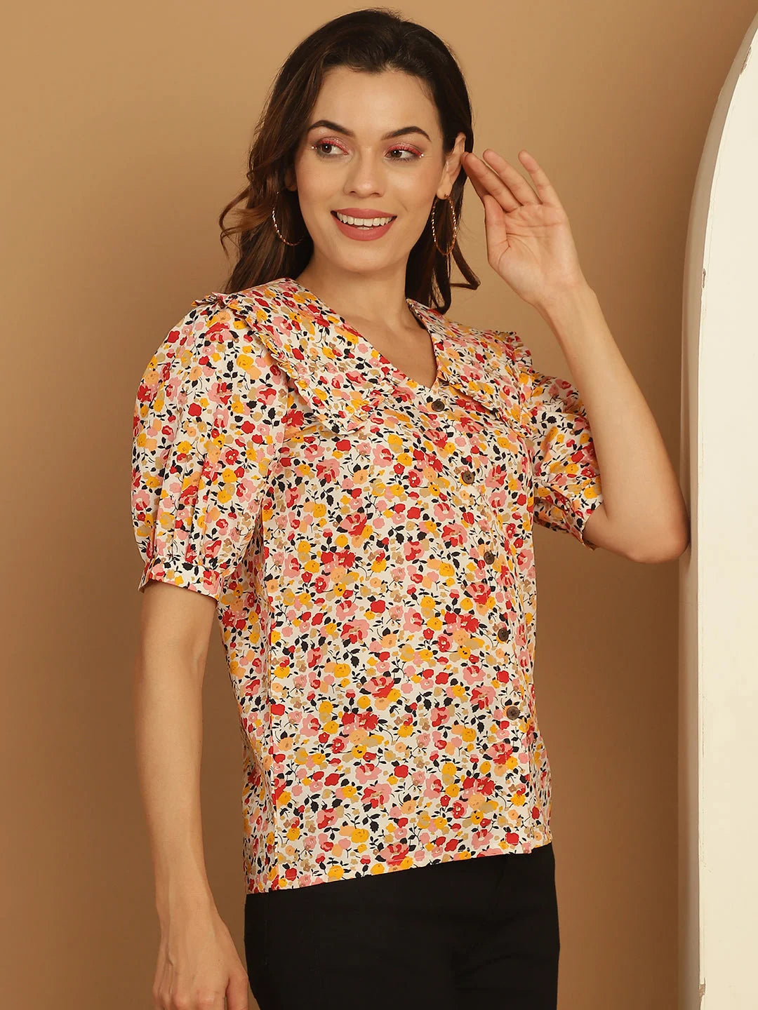 Orange Floral Print Women's Tops - Peter Pan Collar Shirt