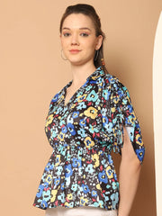 Floral Printed Peplum Top for Womens-JNT-2026Blue
